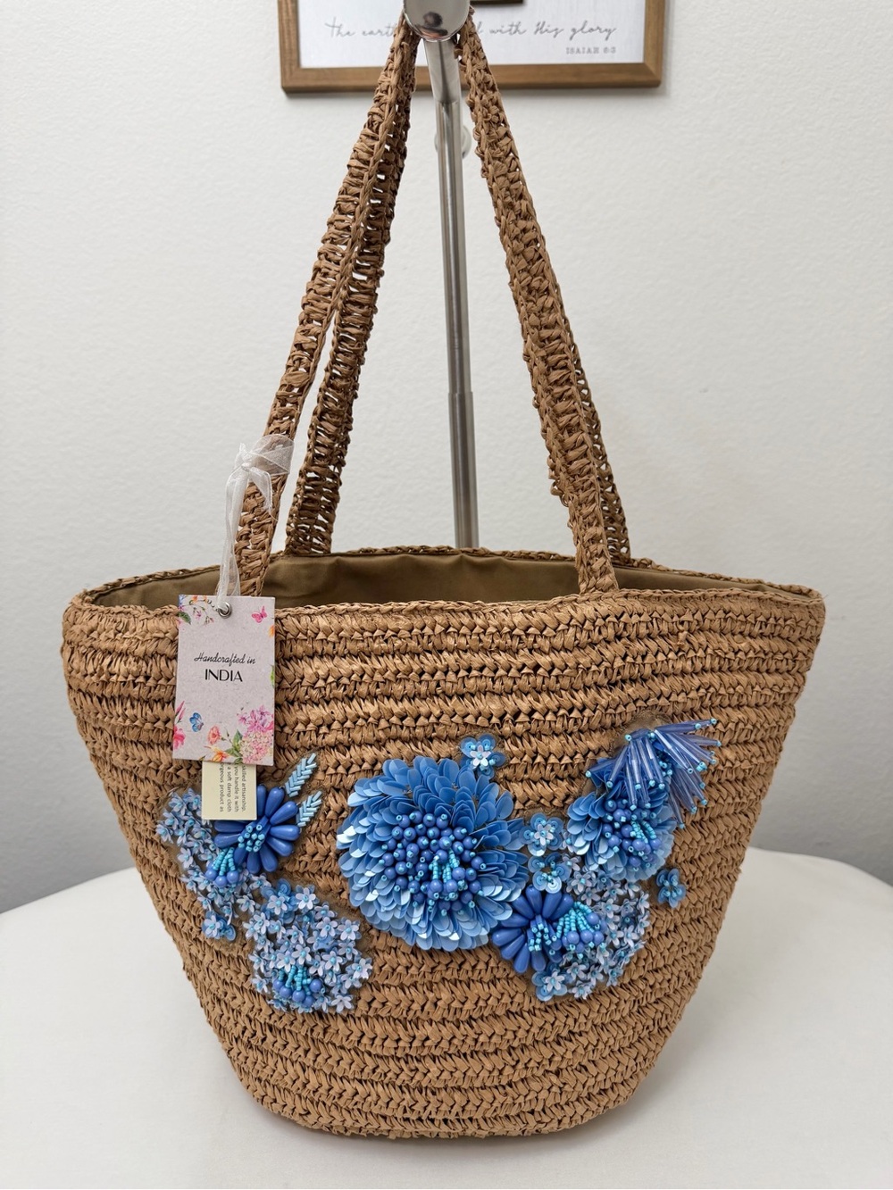 Handcrafted Paper Raffia Tote Bag with Blue Floral Beading